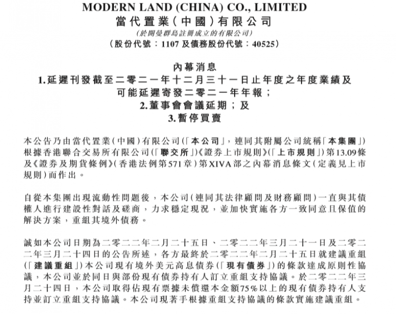 当代置业宣布年报延迟并将停牌 总裁张鹏：“活下来”成为唯一要做的事情「房企年报季」