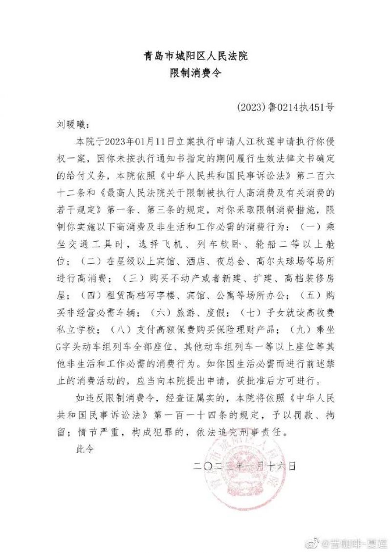 刘鑫未支付赔偿款被限制消费