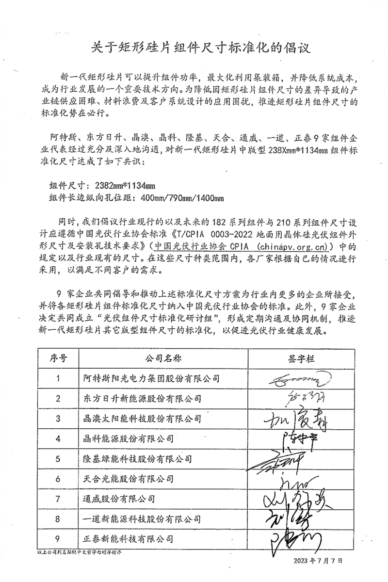 隆基、天合、晶科等9家组件厂商联合发布矩形硅片组件尺寸标准化倡议｜快讯