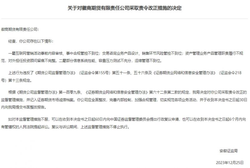 安徽证监局对徽商期货采取责令改正措施｜快讯