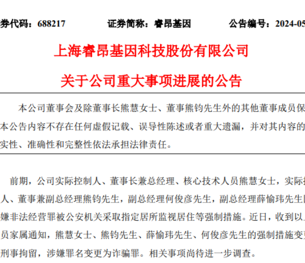 或涉及阿斯利康“骗保案”,睿昂基因女董事长及3名副总被刑拘,公司业绩滑坡下市值不到11亿元 或涉及阿斯利康“骗保案”,睿昂基因女董事长及3名副总被刑拘,公司业绩滑坡下市值不到11亿元